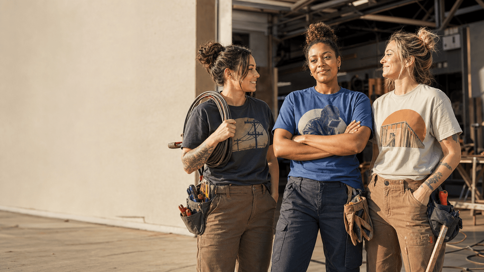 Three women in skilled trades wearing WORKWORTH shirts outside a workshop
