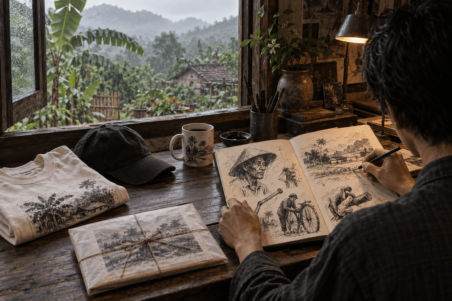 A private drawing table with ink sketches and handmade objects